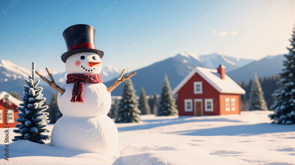 Fototapeta premium Snowman with hat, standing outdoors, welcoming Christmas and New Year's Day. AI generated.