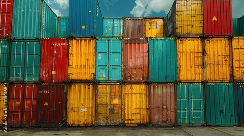 A dynamic image of shipping containers at an international port, showcasing the importance of global trade and logistics in driving economic growth and maintaining supply chains photo