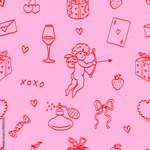 Valentine’s Day Seamless Pattern. Hand Drawn Ornament with Cupid, Hearts, Flowers, and Gifts. Romantic Line Art on Pink Background. Symbols of Love.