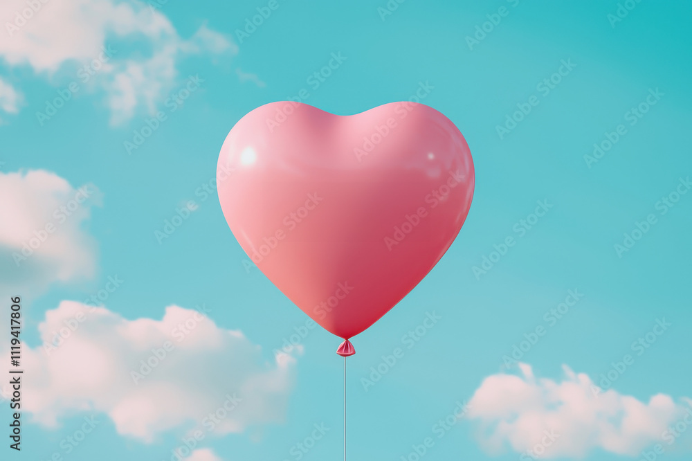 Heart shaped balloon floating in pastel blue sky with soft white clouds