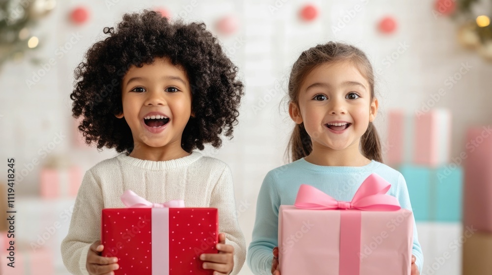 Delightful Children s Laughter and Joy During Festive Surprise with Gift Exchanges Cheerful Playful Moments of Pure Delight and Excitement Delightful Children s Laughter and Joy During Festive Surprise with Gift Exchanges Cheerful Playful Moments of Pure Delight and Excitement