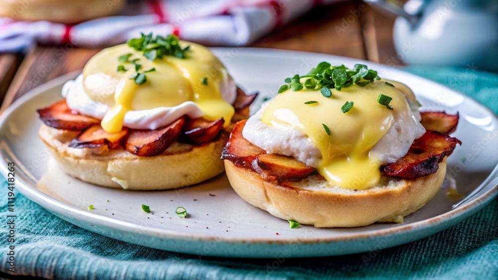 Eggs Benedict on English muffins with bacon, landholding, isolated Eggs Benedict on English muffins with bacon, landholding, isolated