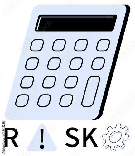 Calculator with numerical buttons, exclamation mark triangle, RISK letters, and gear icon. Ideal for financial planning, risk management, business strategy, decision-making, accounting economics