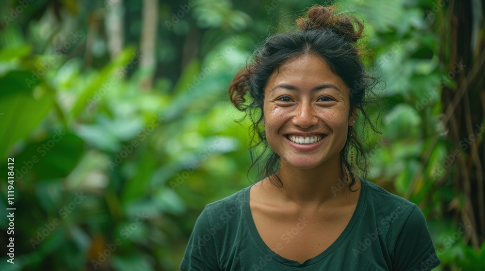 A dynamic shot of a person smiling with a lush green backdrop, highlighting the refreshing and natural feel of green as a color of positivity and energy A dynamic shot of a person smiling with a lush green backdrop, highlighting the refreshing and natural feel of green as a color of positivity and energy