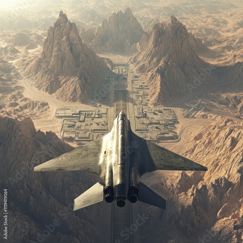 Aerial view of a futuristic jet flying over a desert landscape with mountains and a base.