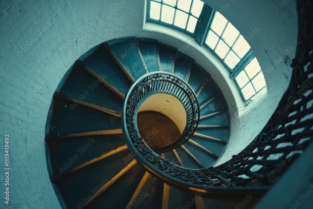 Obraz premium Intricate spiral staircase inside lighthouse coastal location architectural detail bright environment aerial view concept of navigation and light