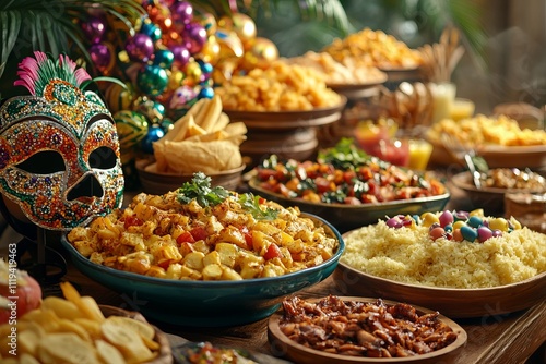 Wallpaper Mural A vibrant Carnival meal with a variety of Brazilian dishes and sweets. The table is decorated with colorful masks and beads Torontodigital.ca