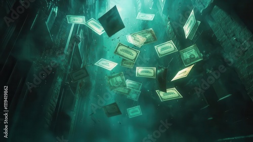 A symbolic image of cash flowing into envelopes labeled with budgets, dramatic cinematic tones