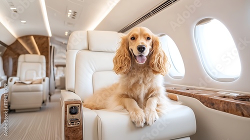 Adorable Golden Cocker Spaniel Relaxing in Luxurious Private Jet Cabin with Modern Interior and Bright Natural Light Illuminating the Space photo