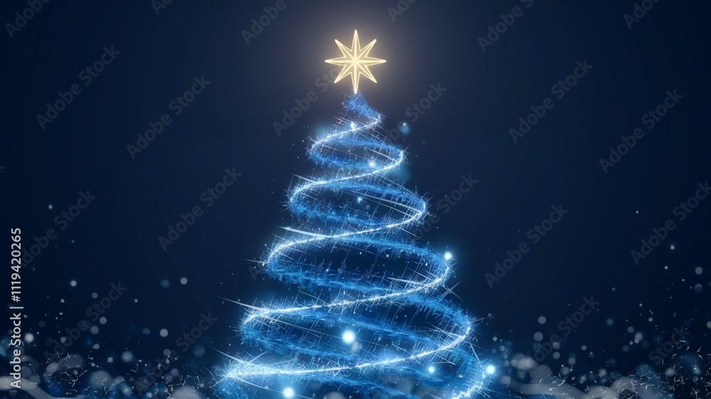 A glowing abstract Christmas tree made of spiraling blue light particles with a radiant golden star at the top, set against a deep dark blue background on the right side, evoking a magical and festive A glowing abstract Christmas tree made of spiraling blue light particles with a radiant golden star at the top, set against a deep dark blue background on the right side, evoking a magical and festive