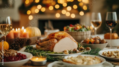 Festive Thanksgiving Dinner with Family Gathered Around Cozy Table Adorned with Autumn Decor and Flickering Candles  Joyful moments of shared gratitude abundance photo