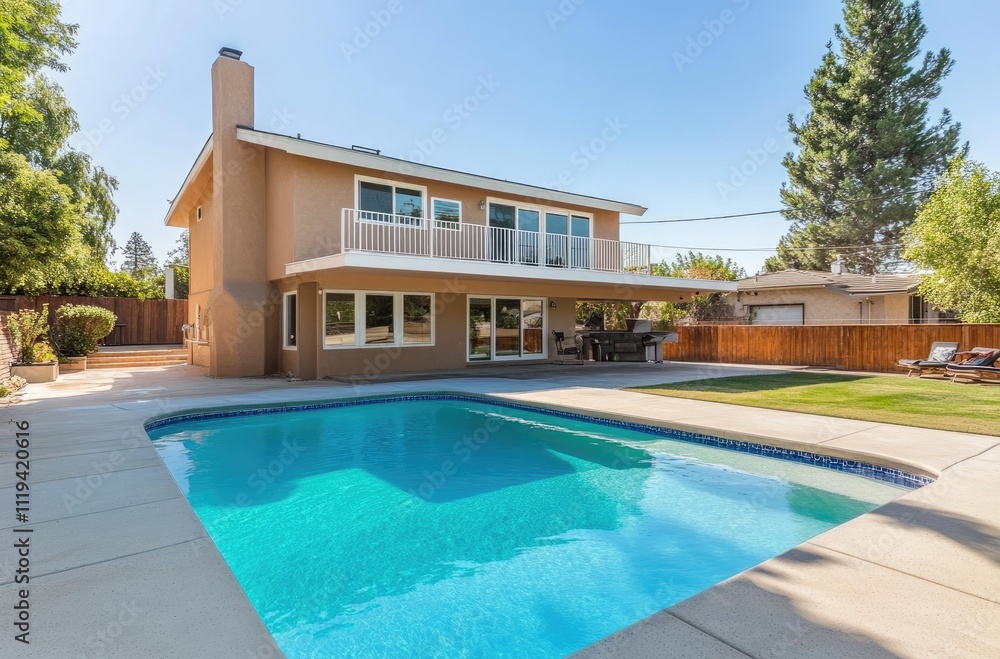 Modern two-story house with a swimming pool and outdoor kitchen in front of it Modern two-story house with a swimming pool and outdoor kitchen in front of it