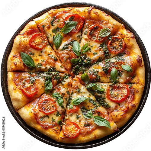 Top view of herb and tomato pizza on a dark iron skillet isolated on a white transparent background