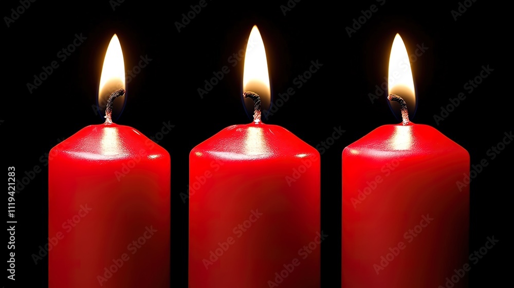 Three Burning Red Candles Against a Black Background Three Burning Red Candles Against a Black Background
