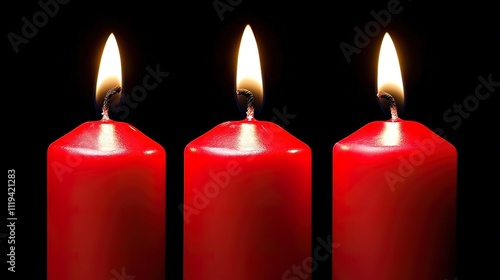 Three Burning Red Candles Against a Black Background