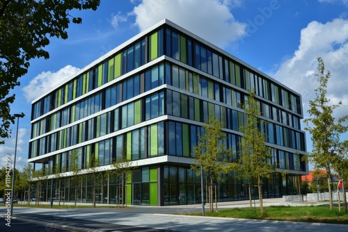 A depiction of a modern office building with glass windows and trees outside, glowing in sunlight beneath a blue sky.