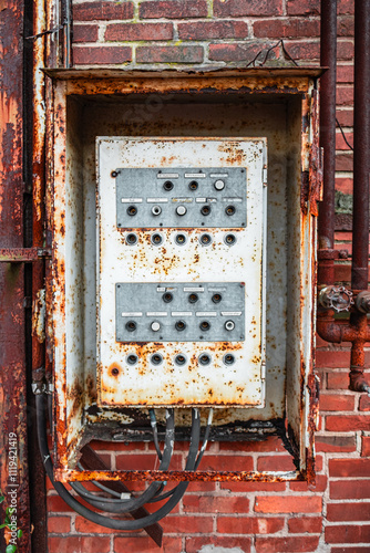 Rustic Abandoned Electrical Control Panel on Weathered Brick Wall Showing Industrial Decay and Aging Infrastructure in an Urban Setting for Historical and Artistic Photography