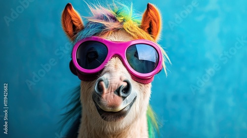 goggles, a comical animal with a colorful head, sunglasses, a picture background, and a horse with a happy smile