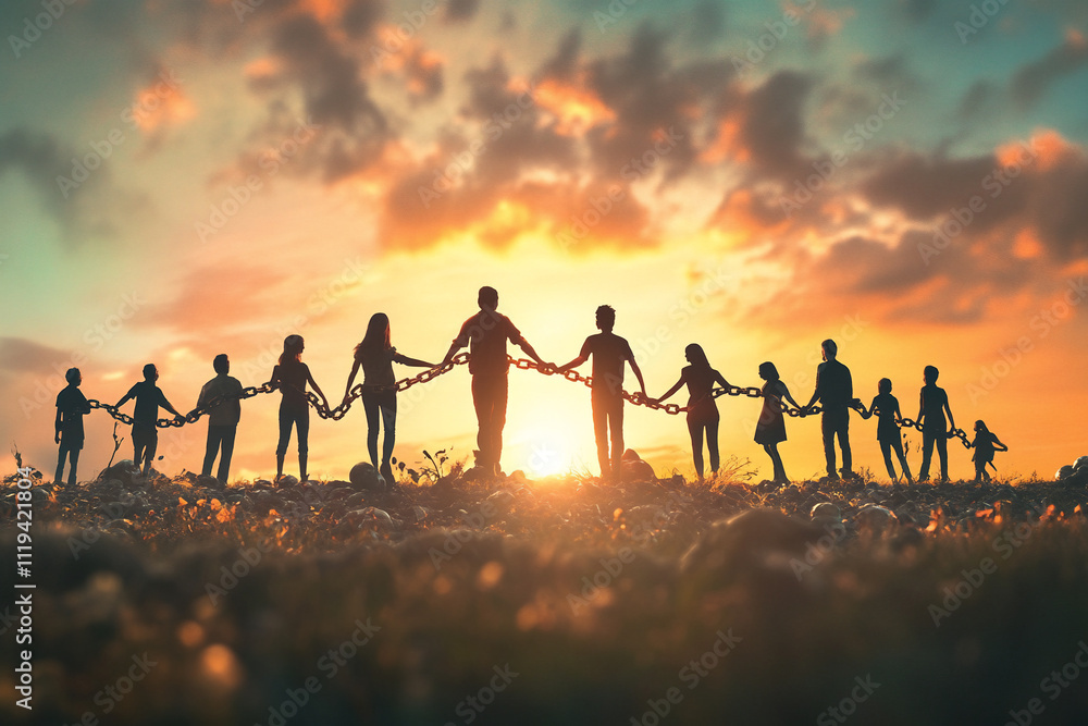 Unity at Sunset A Group Holding Hands Silhouetted Against a Vibrant Sky chained together as a group Unity at Sunset A Group Holding Hands Silhouetted Against a Vibrant Sky chained together as a group