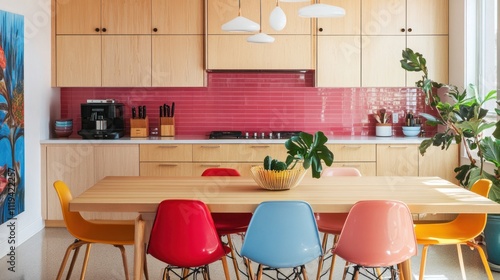 Modern kitchen with light wood cabinets, pink backsplash, and colorful dining chairs.