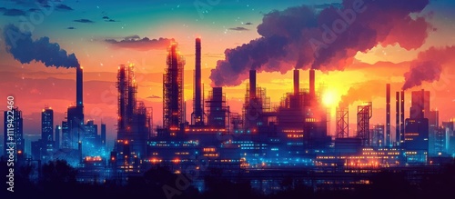 Industrial sunset cityscape at night with smoke stacks.