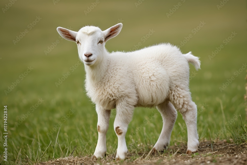 there is a small white sheep standing in a field of grass there is a small white sheep standing in a field of grass