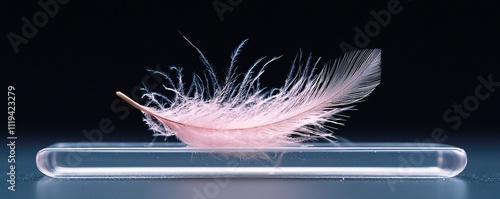 ultralight aerogel demonstration, feather resting on aerogel block, surreal lighting, weightless effect photo