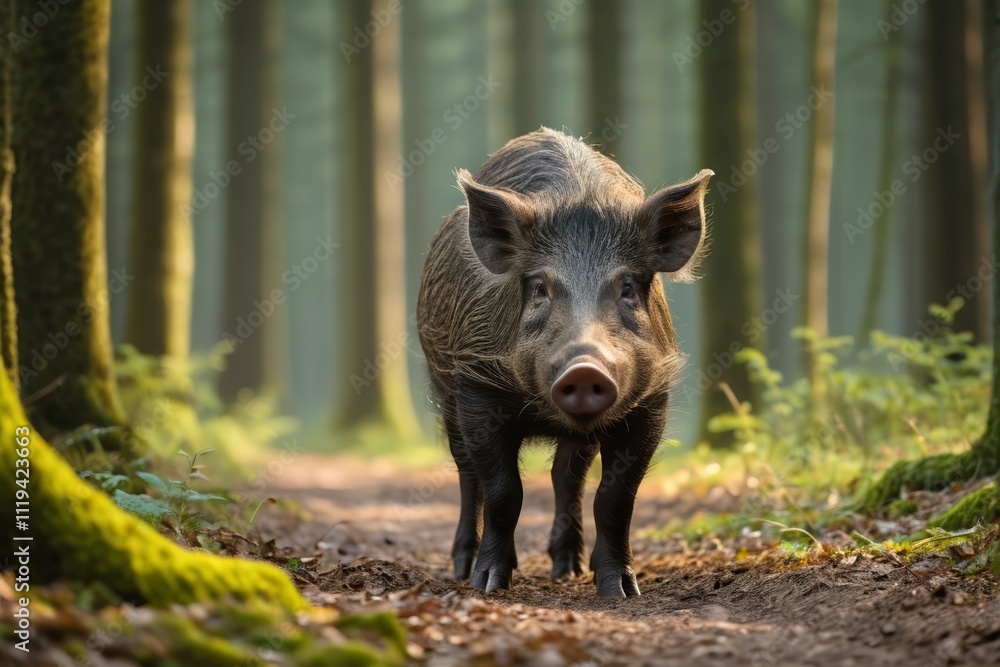 there is a small pig standing in the middle of a forest there is a small pig standing in the middle of a forest