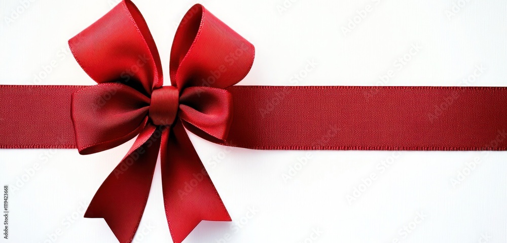 A bright red ribbon tied into a perfect bow, set against a stark white background, with a smooth shadow effect and space for text around it. A bright red ribbon tied into a perfect bow, set against a stark white background, with a smooth shadow effect and space for text around it.