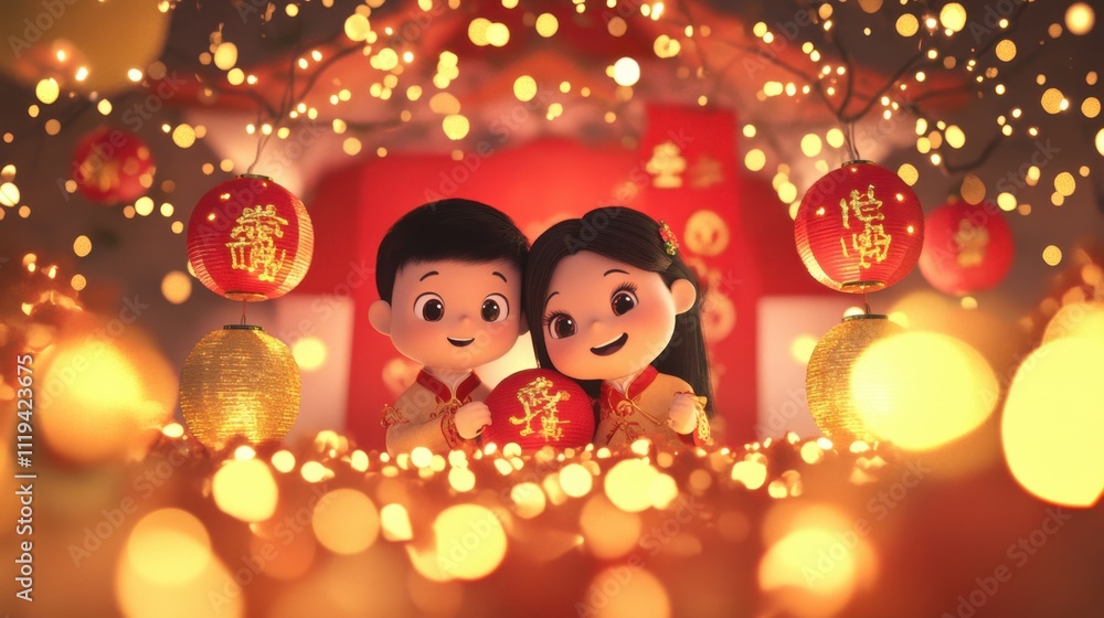 Happy cartoon family decorating their home with lanterns and red banners, surrounded by festive New Year symbols. Happy cartoon family decorating their home with lanterns and red banners, surrounded by festive New Year symbols.