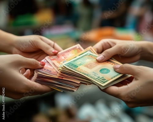 Hands exchanging colorful currency notes for trade goods in a lively market, warm natural light, and filmlike grain photo