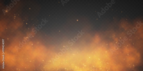 Fire smoke and flying fire particles sparks fierce flames fire, heat, grill, heat glow in a cloud isolated transparent vector. Hell fire with glowing ash.