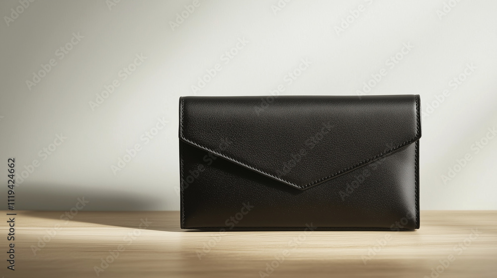 Matte black leather clutch bag with minimalist design placed on clean light wooden table, white background, Ai generated images Matte black leather clutch bag with minimalist design placed on clean light wooden table, white background, Ai generated images