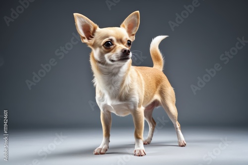 araffe dog standing on a gray surface with a gray background