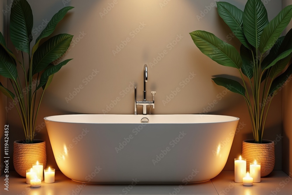 Fototapeta premium Elegant standalone bathtub in a tranquil bathroom setting, illuminated by glowing candles and decorated with lush green plants, perfect for relaxation and self-care.