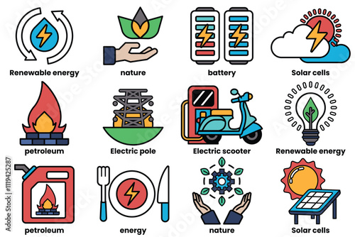 Set of illustrations in the concept of renewable energy in line drawing style