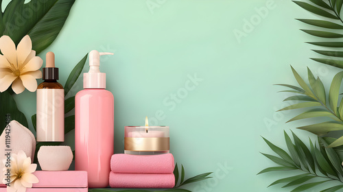 Relaxing spa setup with skincare products tranquil setting digital image natural elements close-up view wellness concept for home spa experience