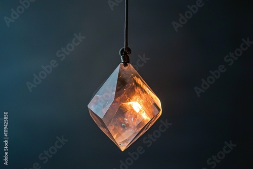 A delicate crystal pendant suspended in mid-air emits an ethereal glow, casting a captivating array of colors against a dark backdrop. photo