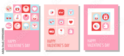 Happy Valentine's day, February 14th. Abstract design with romantic geometric elements. Set of greeting cards, posters, holiday covers. Modern minimalist geometric style. Cute love sale banners