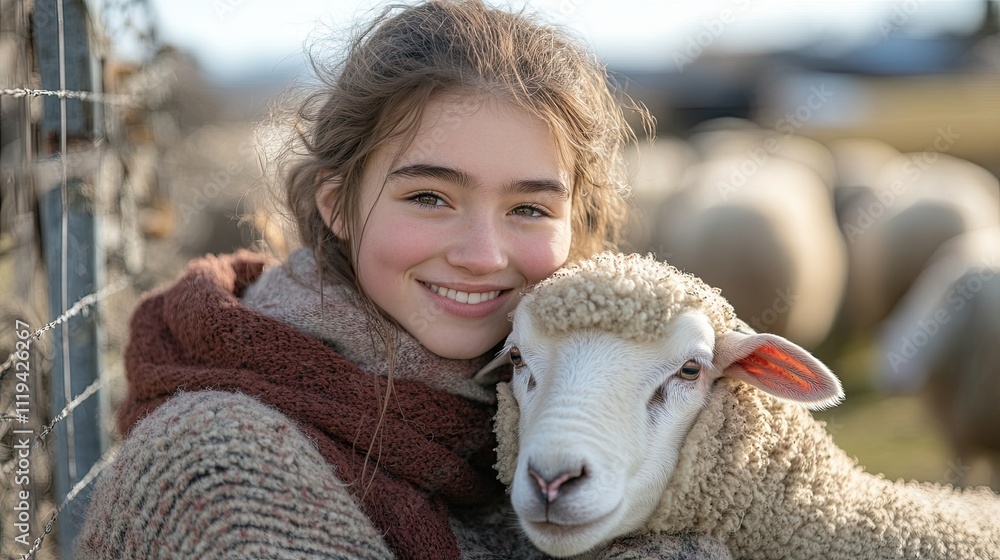 Other sheep may be seen in the background as a young woman holds a sheep in front of a fence. Other sheep may be seen in the background as a young woman holds a sheep in front of a fence.