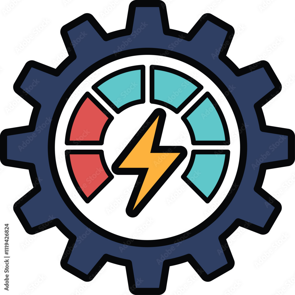 A blue and white graphic of a gear with a lightning bolt in the middle A blue and white graphic of a gear with a lightning bolt in the middle