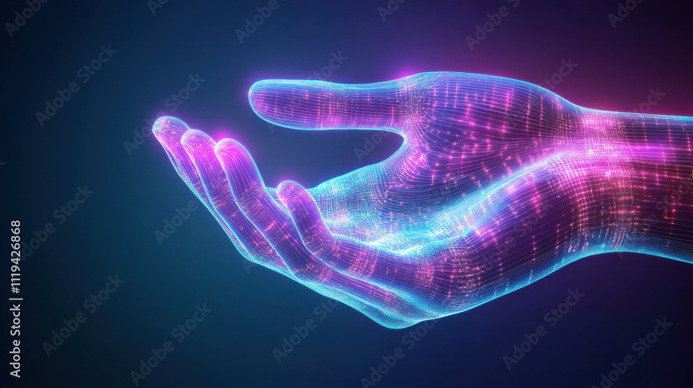 glowing digital hand with vibrant neon colors, symbolizing technology and innovation glowing digital hand with vibrant neon colors, symbolizing technology and innovation