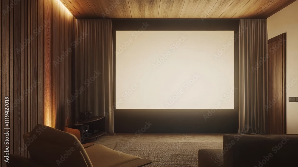 Home theater with a minimalist blank screen, textured curtains, and subdued ambient lighting. Home theater with a minimalist blank screen, textured curtains, and subdued ambient lighting.