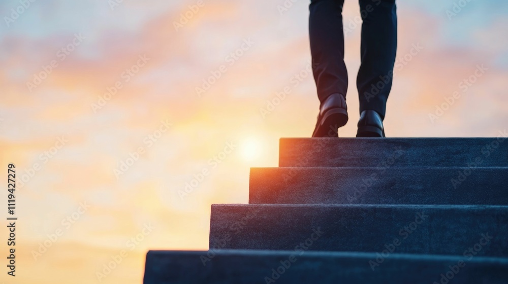 A determined individual climbing the stairs of career success built on a foundation of hard work leadership excellence and a steadfast drive towards progress and growth A determined individual climbing the stairs of career success built on a foundation of hard work leadership excellence and a steadfast drive towards progress and growth