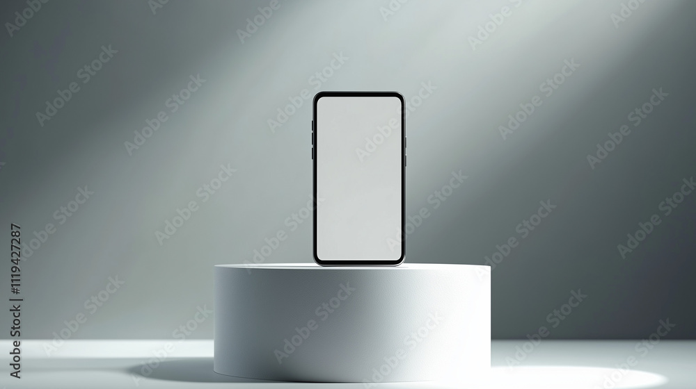 smartphone with blank white screen standing tall on white cylindrical podium, soft grey gradient background with product focused lighting, Ai generated images smartphone with blank white screen standing tall on white cylindrical podium, soft grey gradient background with product focused lighting, Ai generated images