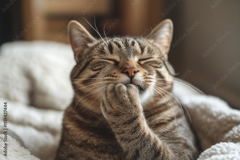 Relaxed Tabby Cat Licking Paw in Cozy Setting Relaxed Tabby Cat Licking Paw in Cozy Setting