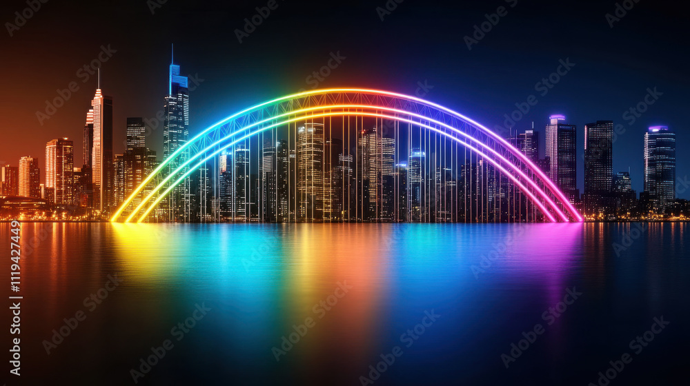 Obraz premium vibrant neon rainbow bridge reflecting on calm water with city skyline at night