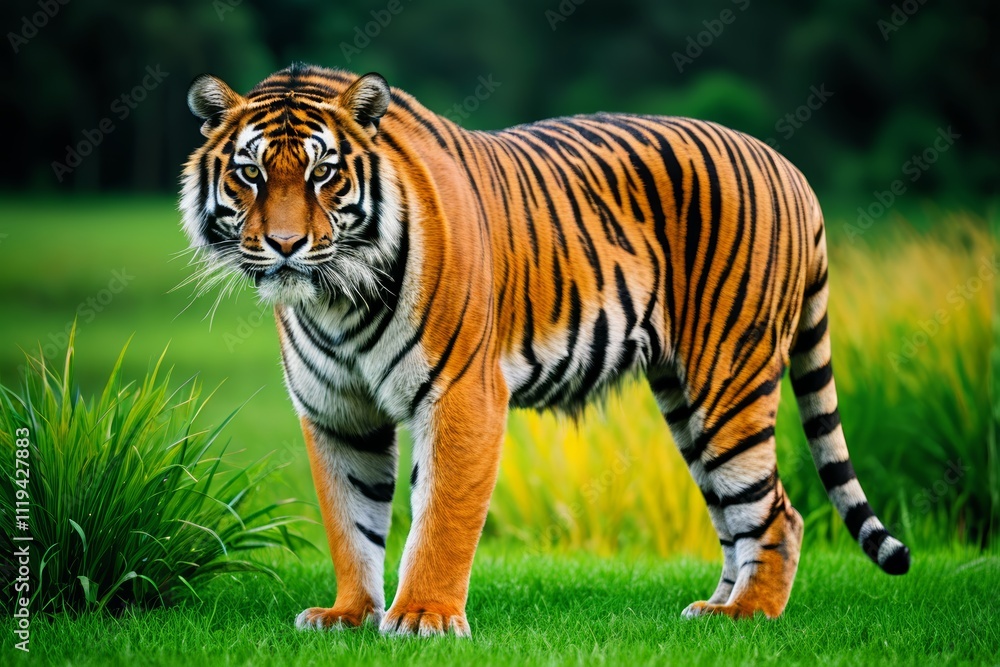 there is a tiger standing in the grass in the field there is a tiger standing in the grass in the field