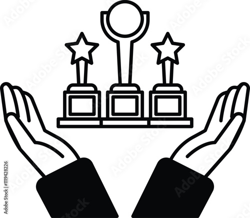 A hand is holding three trophies