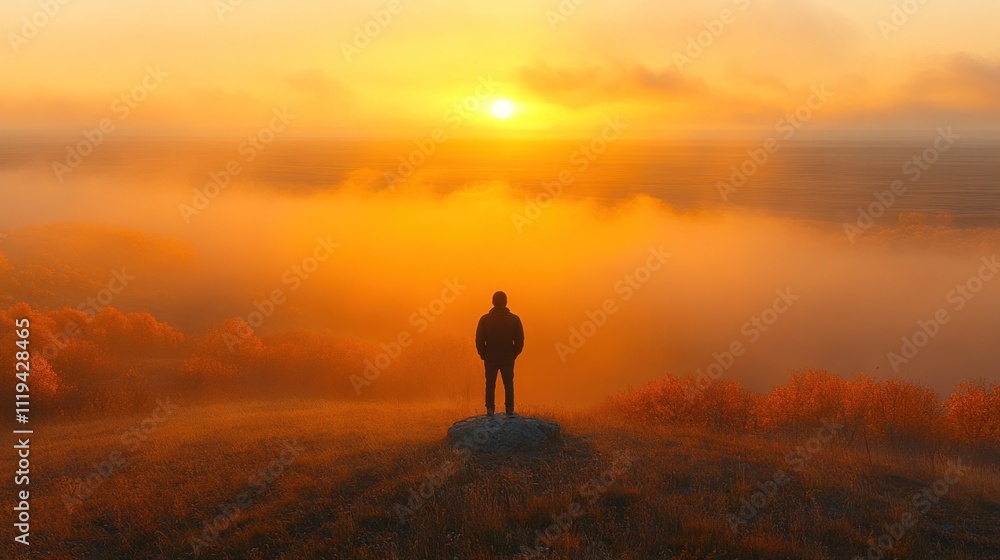 Man silhouetted at sunrise over misty autumn landscape. Man silhouetted at sunrise over misty autumn landscape.